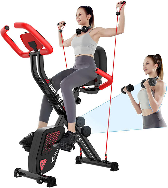 Foldable Exercise Bike Indoor Cycling Bike Magnetic Upright Bike Stationary Bike with Arm Resistance Bands,Pulse Sensor,LCD Monitor,