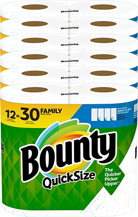 Bounty Quick-Size Paper Towels, White, 12 Family Rolls = 30 Regular Rolls