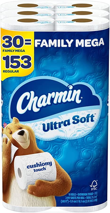 Charmin Ultra Soft Cushiony Touch Toilet Paper, 30 Family Mega Rolls = 153 Regular Rolls