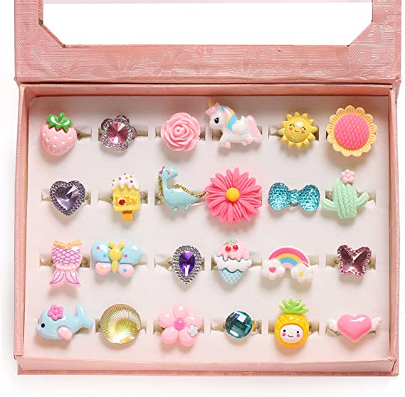 PinkSheep Little Girl Jewel Rings in Box, Adjustable, No Duplication, Girl Pretend Play and Dress Up Rings (24 Lovely Ring)