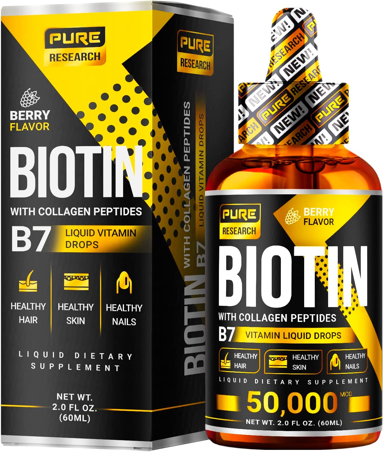 Liquid Biotin & Collagen Hair Growth Drops 50,000mcg – Biotin and Liquid Collagen Supplements for Women & Men – Supports Glowing Skin, Healthy Hair & Nail Growth (2Fl Oz)