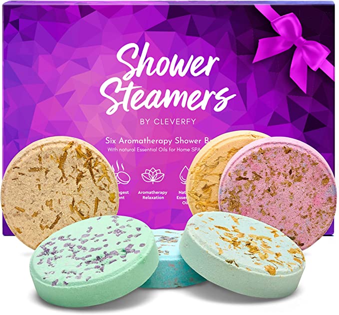 Cleverfy Shower Steamers Aromatherapy - Variety Pack of 6 Shower Bombs with Essential Oils. Self Care and Relaxation Gifts for Women and Men. Purple Set