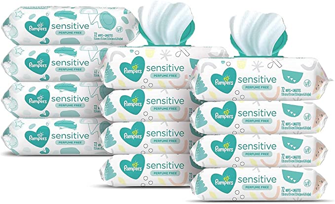 Baby Wipes, Pampers Sensitive Water Based Baby Diaper Wipes, Hypoallergenic and Unscented, 8 Pop-Top Packs with 4 Refill Packs for Dispenser Tub, 864 Total Wipes (Packaging May Vary)