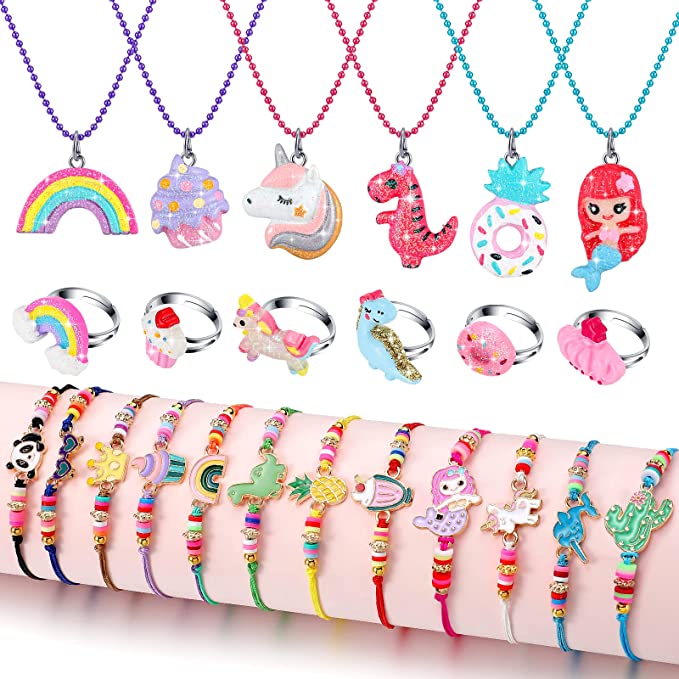 24 Pcs Christmas Little Girl Jewelry Set Kids Unicorn Necklace Cute Woven Bracelet Ring for Pretend Dress up Party Favor (Cute Style)