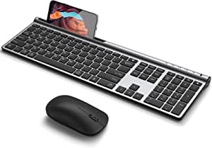 Wireless Keyboard and Mouse Combo, CHESONA Bluetooth Rechargeable Full Size Multi-Device (Bluetooth 5.0+3.0+2.4G) Wireless Keyboard Mouse Combo for Mac OS/iOS/Windows/Android (Silver Black)