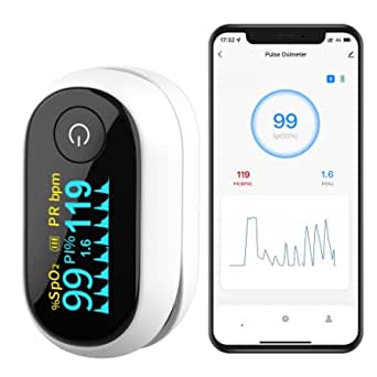 Pulse oximeter, blood oxygen meter finger (SpO2) with Plethysmograph and Perfusion Index, portable OLED color display and battery included.