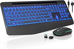 Wireless Keyboard and Mouse with 7 Colored Backlits, Wrist Rest, Phone Holder - Rechargeable Ergonomic Silent Light Up Combo for Computer, Mac, PC, Laptop, Chromebook - by SABLUTE