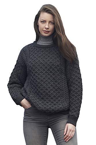 Aran Crafts Unisex Irish Cable Knitted Crew Neck Sweater (100% Merino Wool)