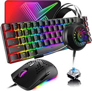 60% Mechanical Gaming Keyboard and Mouse and Mouse pad and Gaming Headset,4 in 1 Wired 68 Keys LED RGB Backlight Bundle for PC Gamers,Xbox,PS4 Users (Black/Blue Switch)