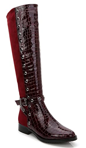 ANN CREEK Women's 'Rucio' Knee-High Low Heel Croc Print Front 2-Tone Perforated Trim Boots