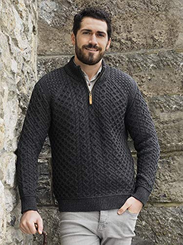 Aran Crafts Men's Cable Knitted Half Zip Sweater (100% Super Soft Merino Wool)