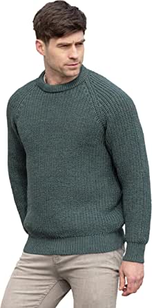 Aran Crafts Men's Fisherman Irish Rib Crew Neck Wool Sweater