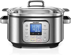 Slow Cooker, HOUSNAT 10 in 1 Programmable Cooker, 6Qt Stainless Steel, Rice Cooker, Yogurt Maker, Delay Start, Steaming Rack and Glass Lid, Adjustable Temp&Time for Slow Cook with Digital Timer